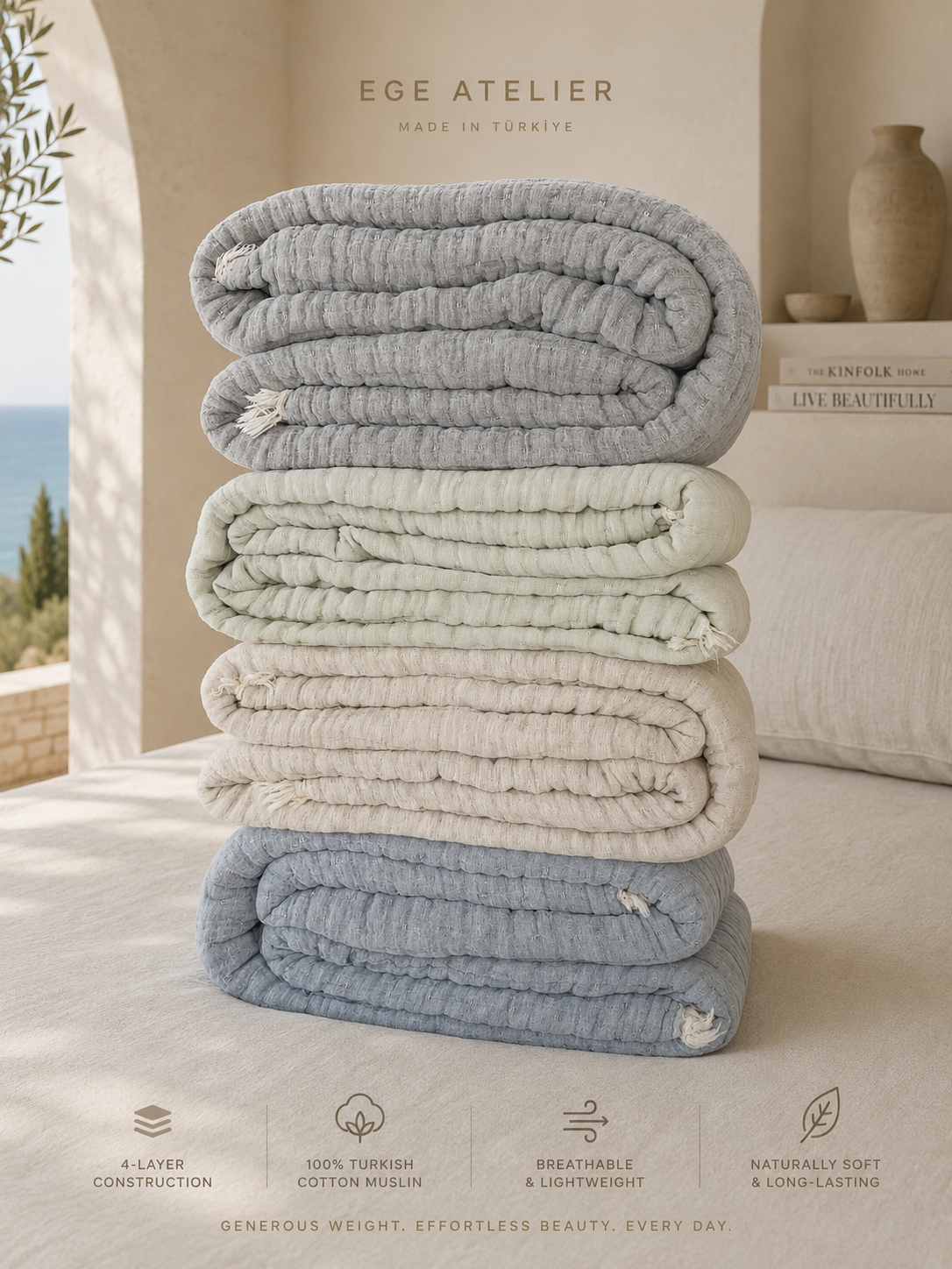 4-Layer Turkish Cotton Muslin Bedspread – King