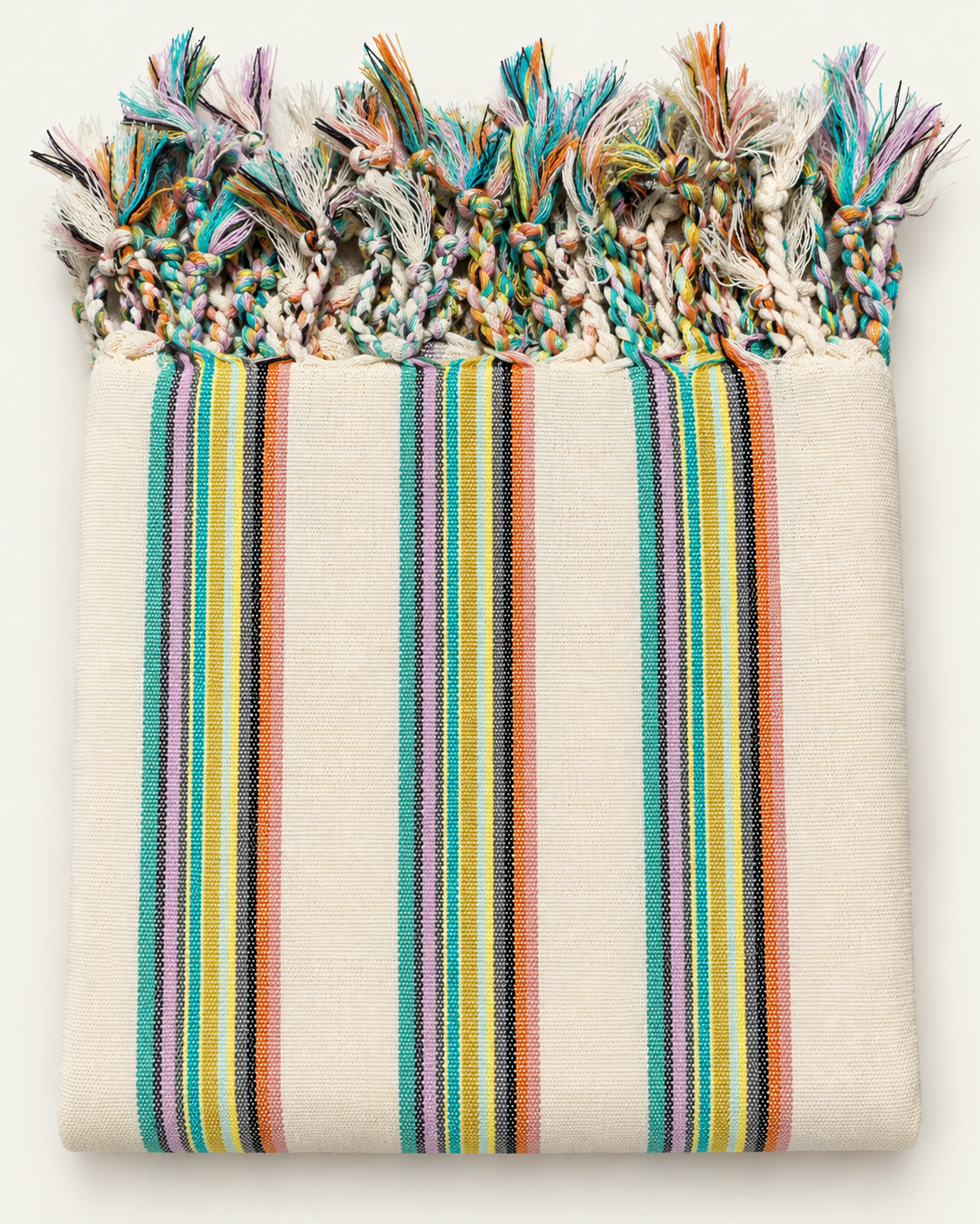 Mediterranean Mosaic handloom Turkish beach towel with turquoise, yellow, lavender, coral and black woven stripes on ivory cotton with hand-braided fringes.