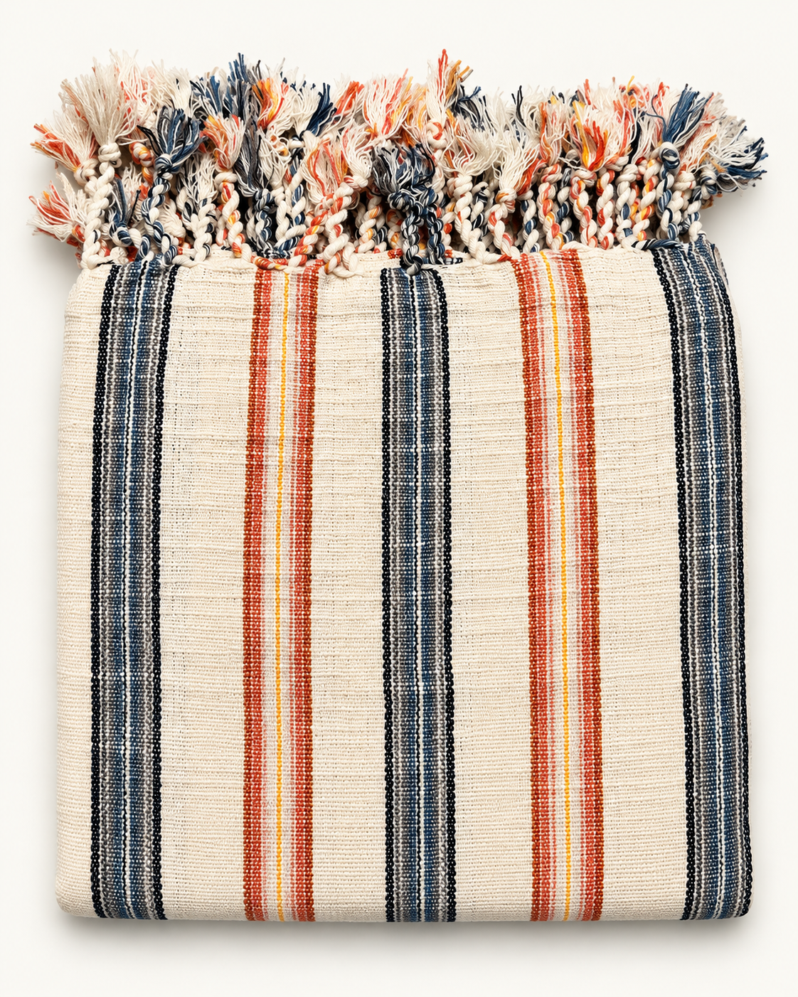 Coastal Terracotta handloom Turkish beach towel with navy blue and terracotta orange woven stripes on ivory cotton and individually hand-braided fringes.