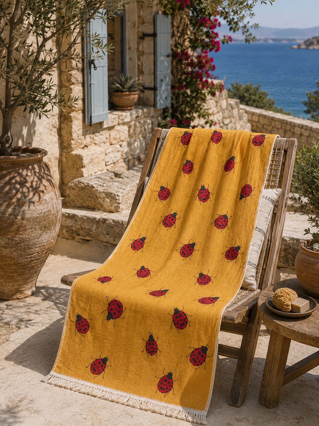 Ladybug Turkish Beach Towel – Organic Cotton, 35" × 70"