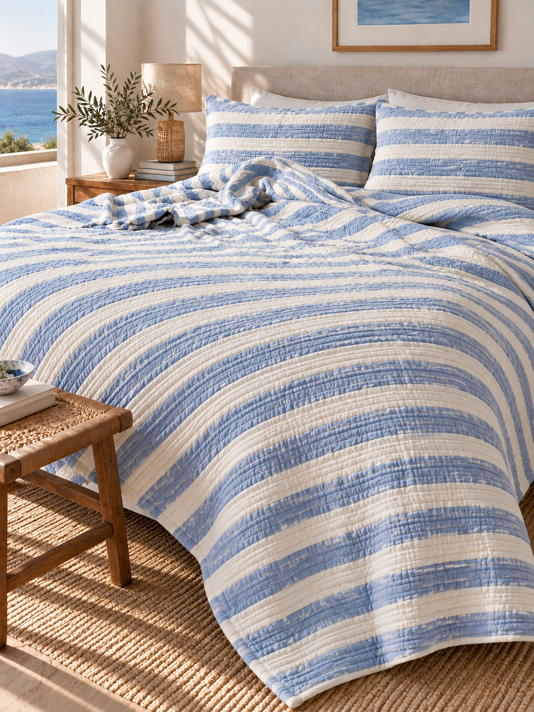 Turkish Cotton Muslin Duvet Set with Detachable Top Sheet – Aegean Stripe