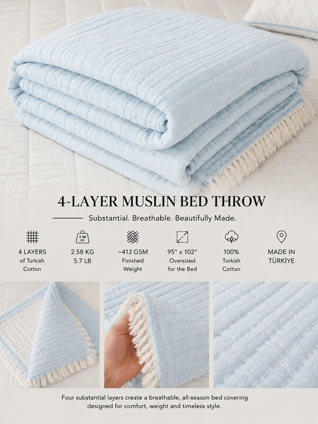 4-Layer Turkish Cotton Muslin Bedspread – King