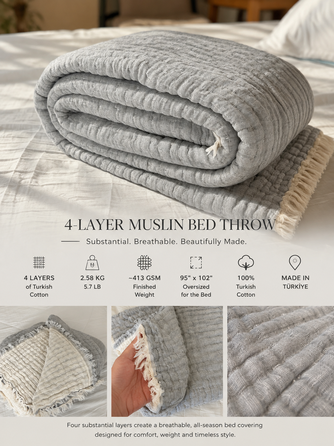 4-Layer Turkish Cotton Muslin Bedspread – King