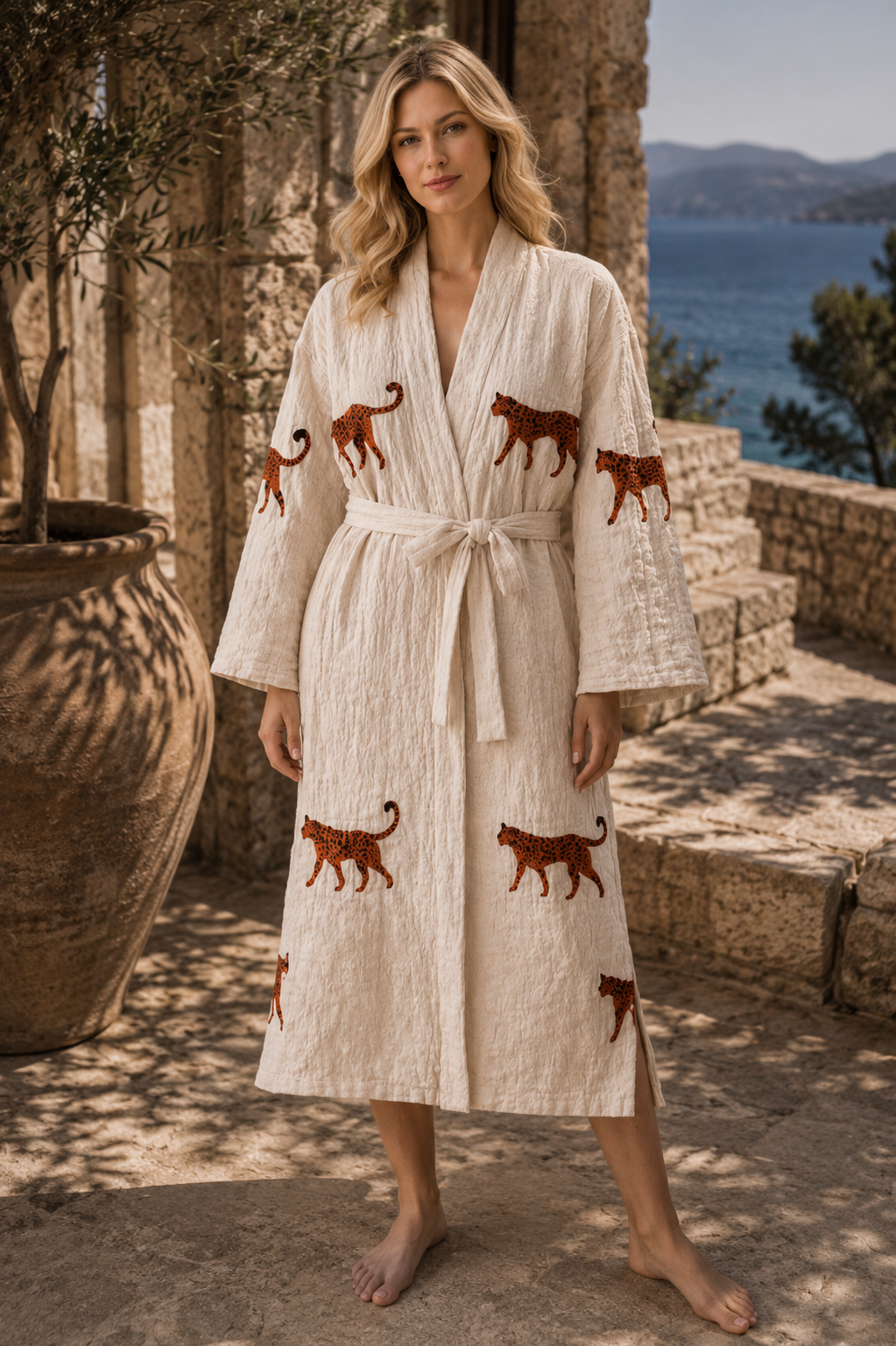 Leopard-Design Hand Printed Cotton Kimono