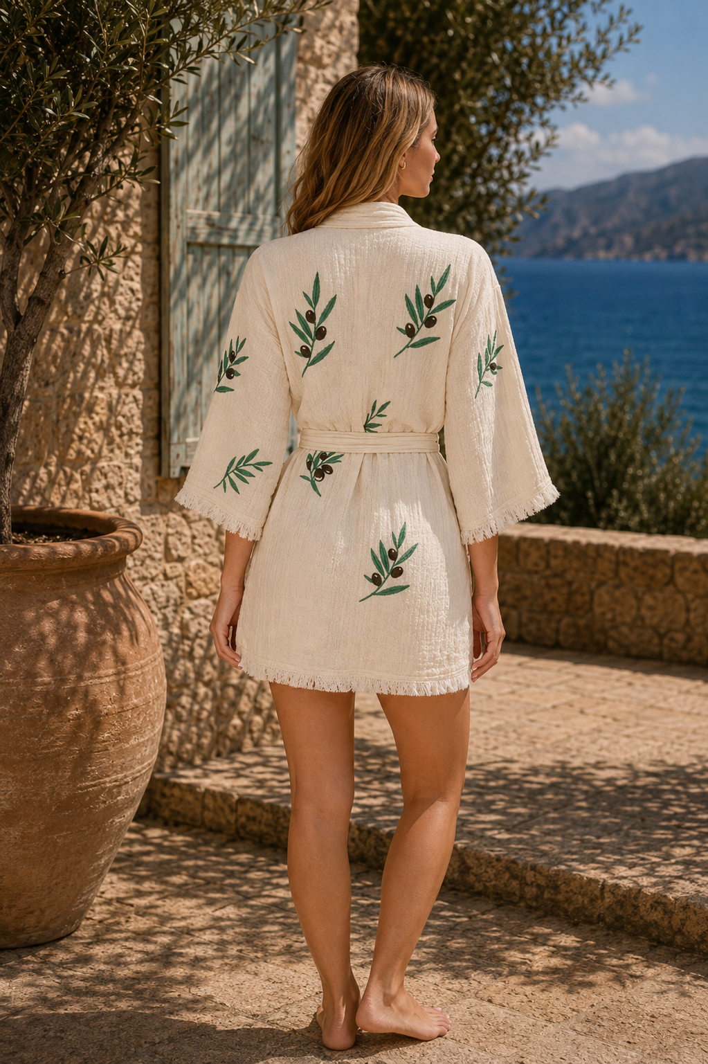 Olive-Branch Design Hand-Printed Cotton Kimono