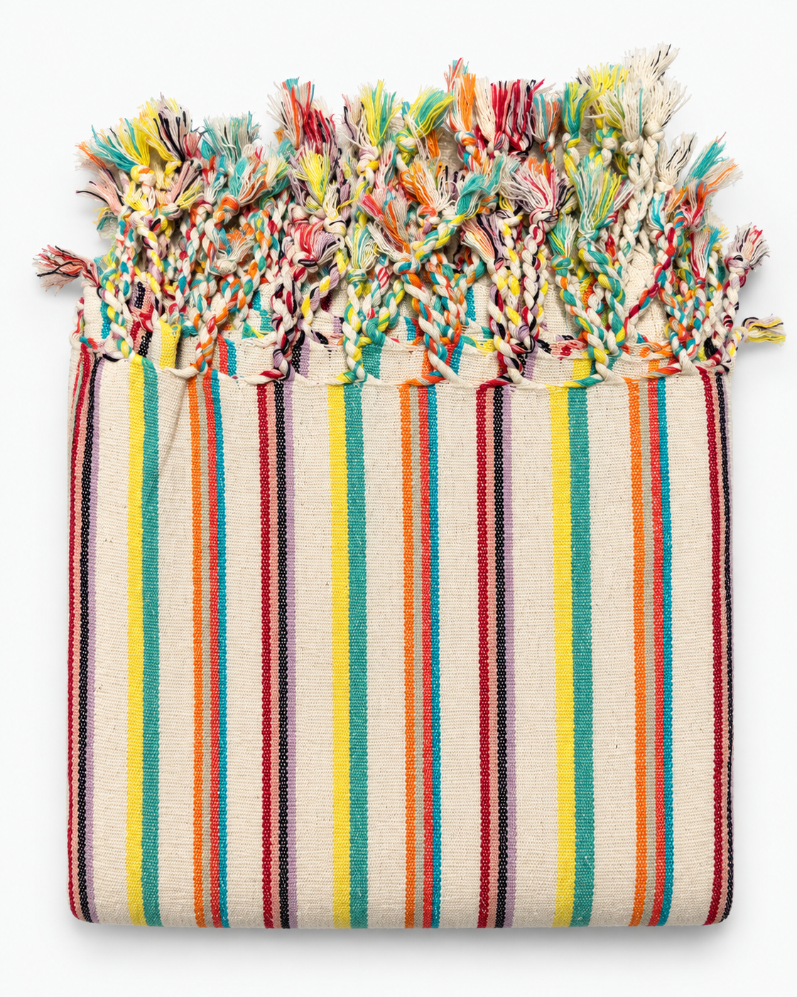 Riviera Carnival handloom Turkish beach towel with turquoise, yellow, orange, red and lavender woven stripes on ivory fabric and colorful hand-braided fringes.