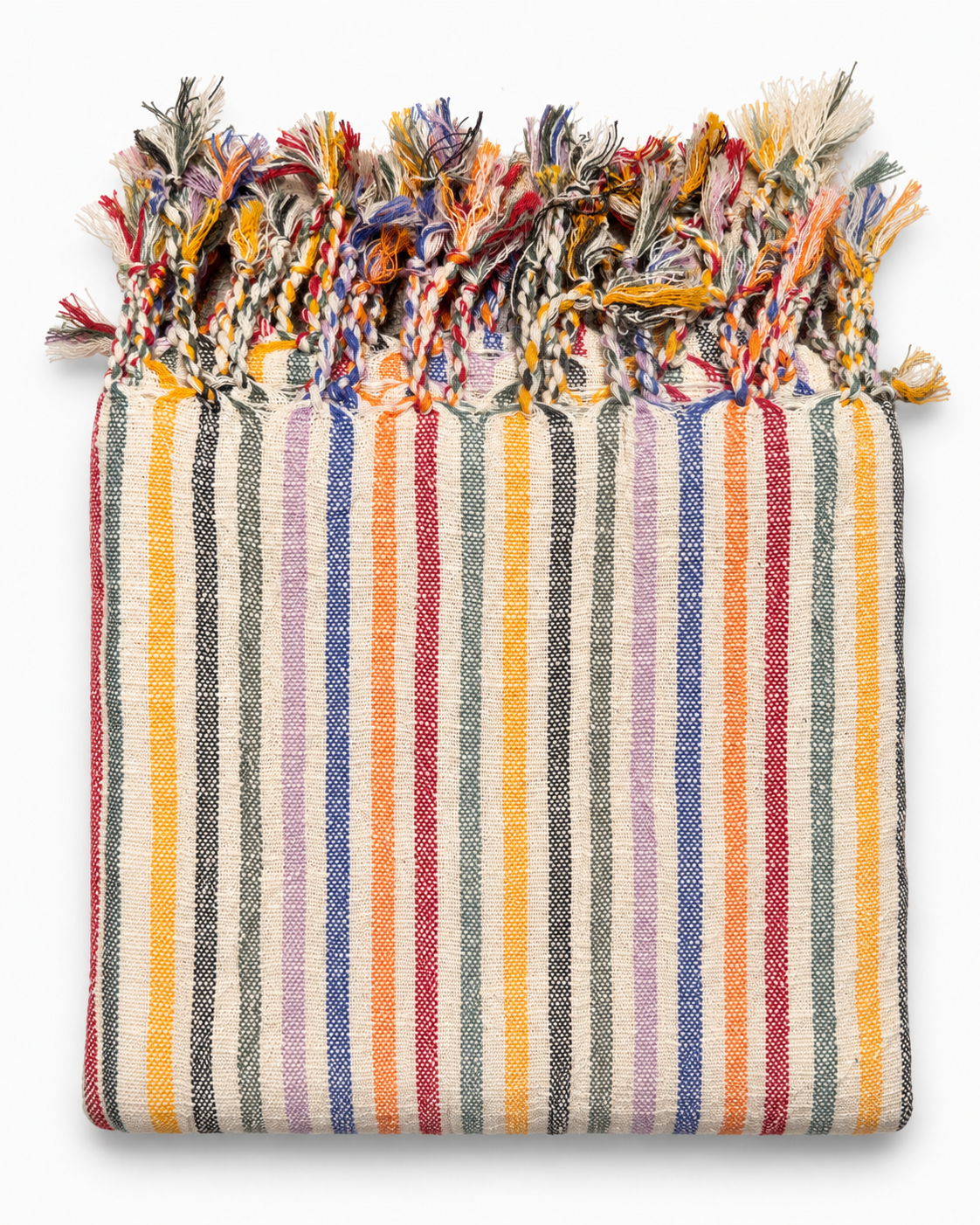 Anatolian Mosaic handloom Turkish towel with yellow, orange, red, lavender, blue and sage stripes on natural ivory cotton, finished with colorful hand-braided fringes.