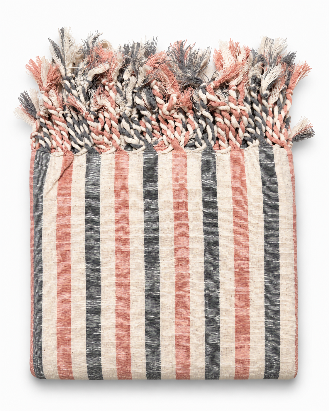 Rose & Slate handloom Turkish towel featuring dusty rose and slate gray vertical stripes on natural ivory cotton with individually hand-braided fringes.