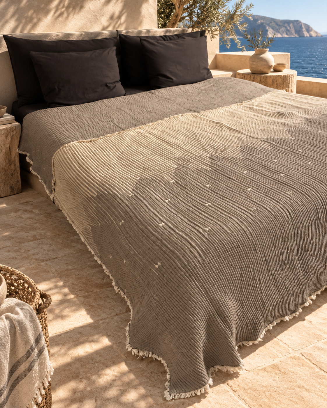 Turkish Cotton Textured Coverlet – Washed Stone