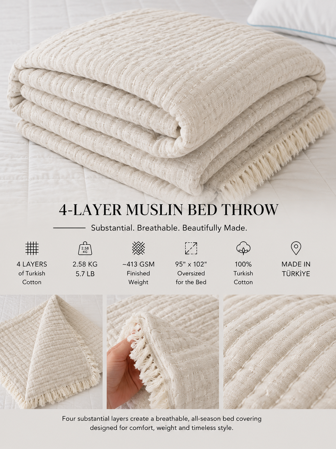 4-Layer Turkish Cotton Muslin Bedspread – King