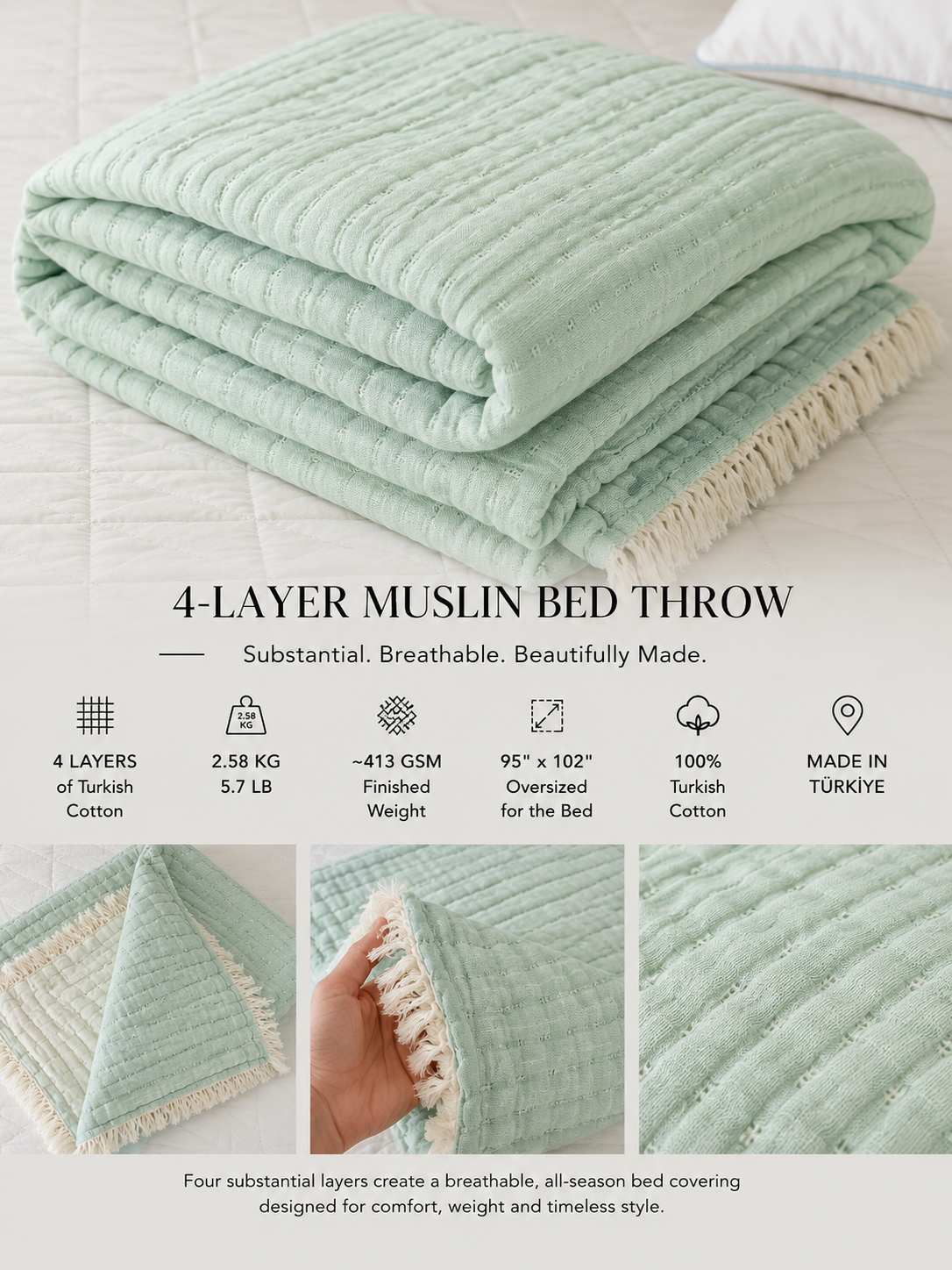 4-Layer Turkish Cotton Muslin Bedspread – King