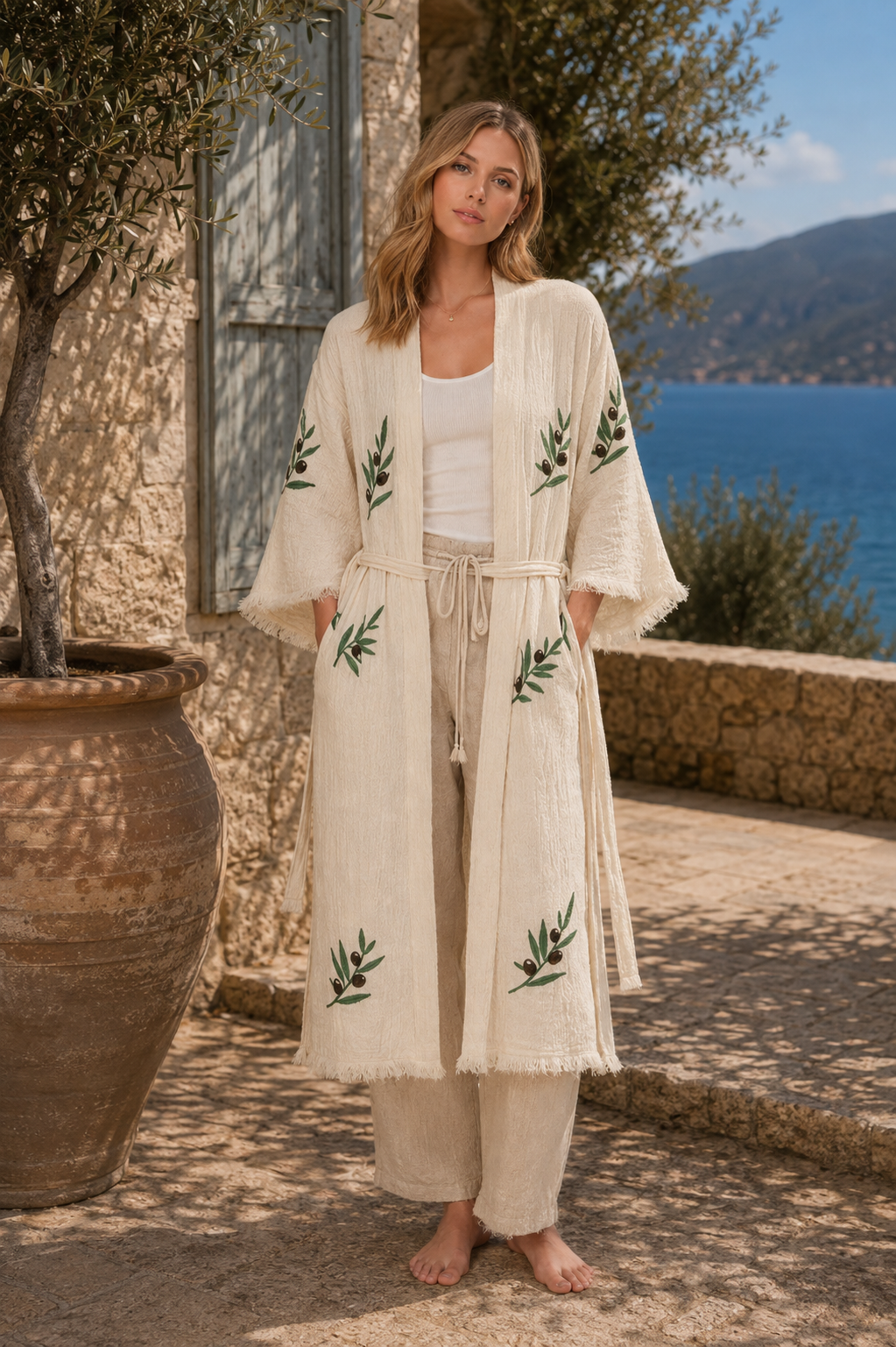 Olive-Branch Design Hand-Printed Cotton Kimono
